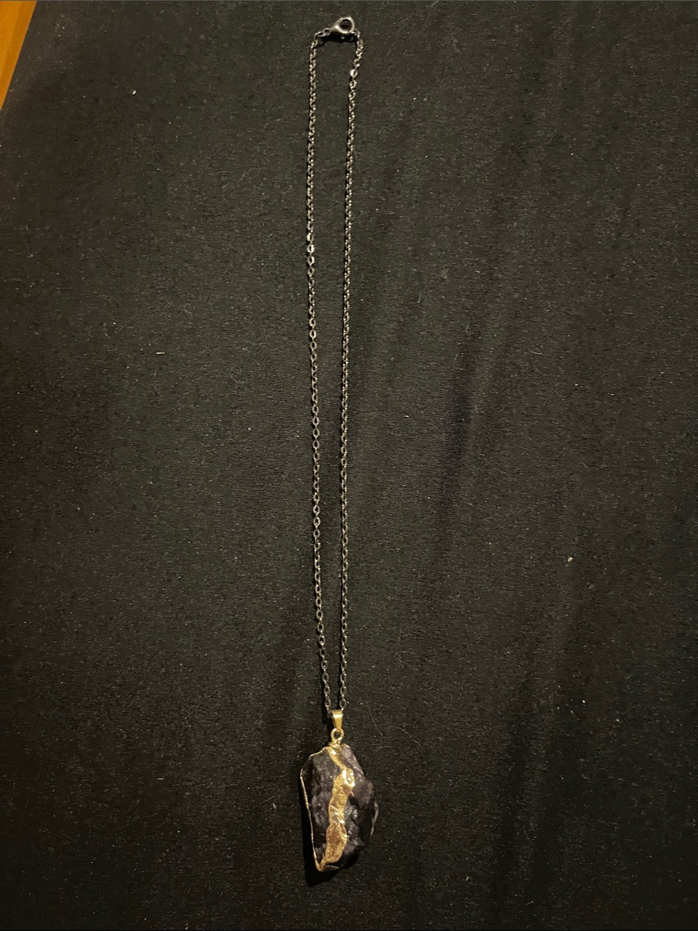 Raw Black Stone Pendant Necklace with Gold Accent - Women Jewelry